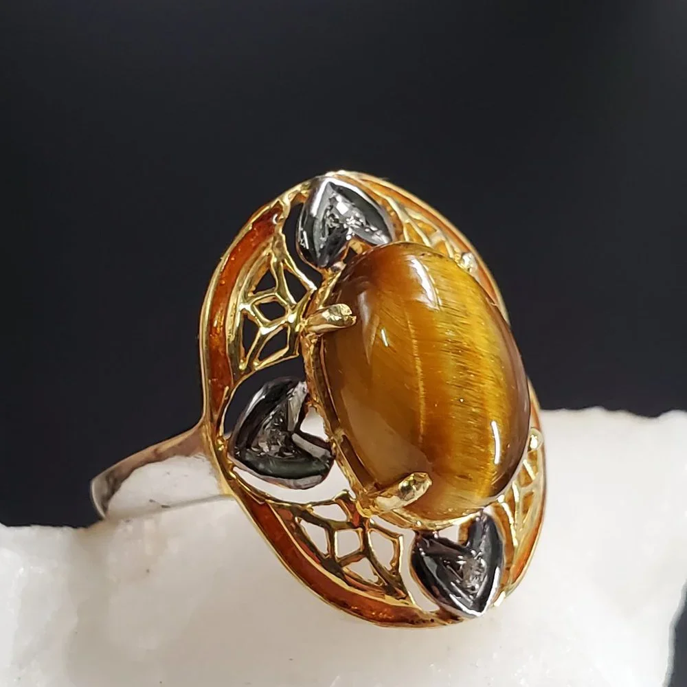 Sterling Silver 925/18k Gold Ring Tiger Eye Raw Diamonds Unique Designer Jewelry